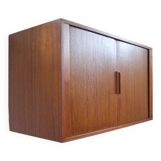 Wall Mounted Teak Cabinet With Tambour Doors By Kai Kristiansen For Feldballes Møbler.