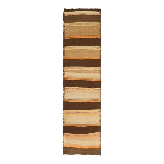 Vintage Turkish Oushak handmade wool cotton beige kilim runner rug 79x303