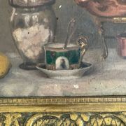 Oil on canvas still life with samovar 20th century gilded stucco frame