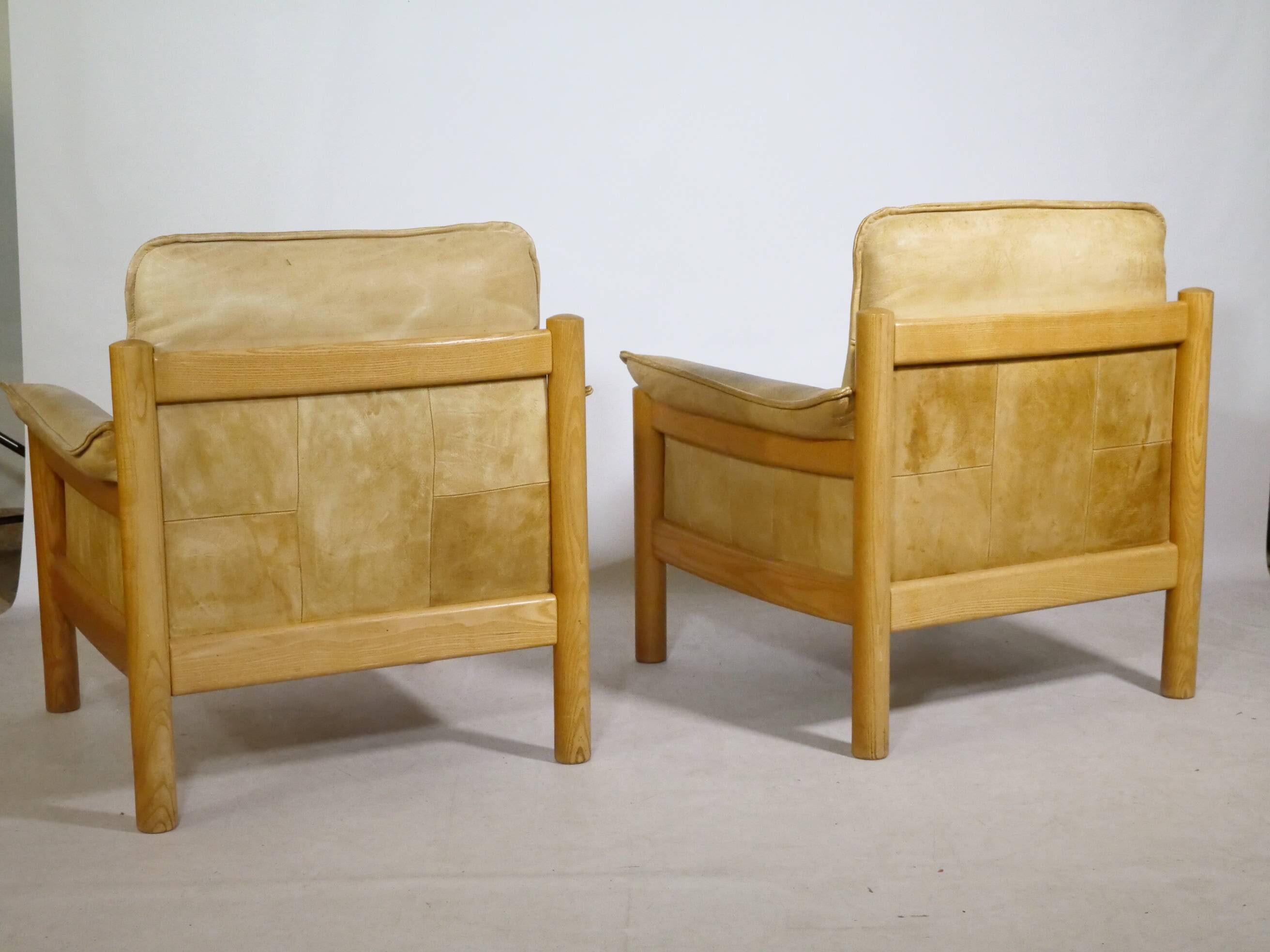 Mid-Century Camel Leather Armchairs with Ottomans, Set of 2, 1970s