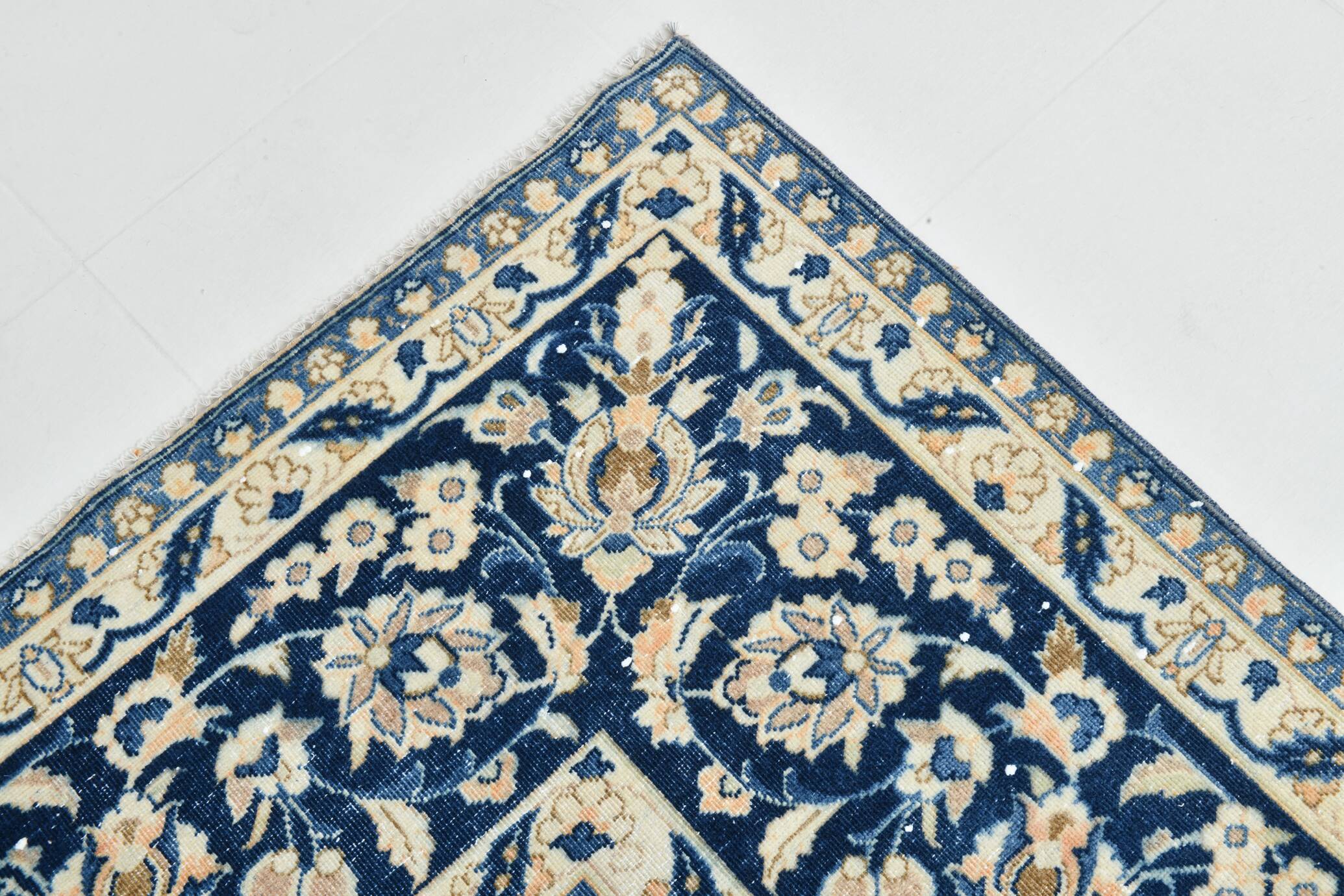 Tapis Persan Vintage Tissé Main, Motif Floral, Laine Beige & Bleu,301x414Cm