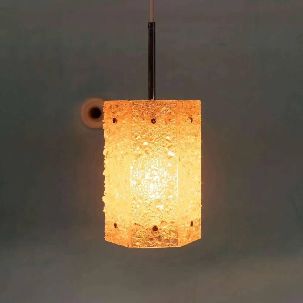 Vintage hexagonal glass and chrome pendant lamp from the 1960s.