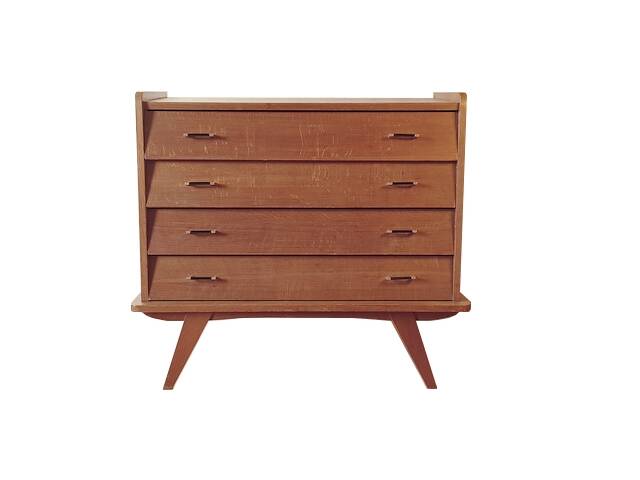 Vintage slanted commode with tapered legs from the 1960s in golden oak.