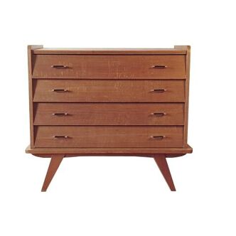 Commode vintage inclinée pieds compas années 1960 chêne doré
