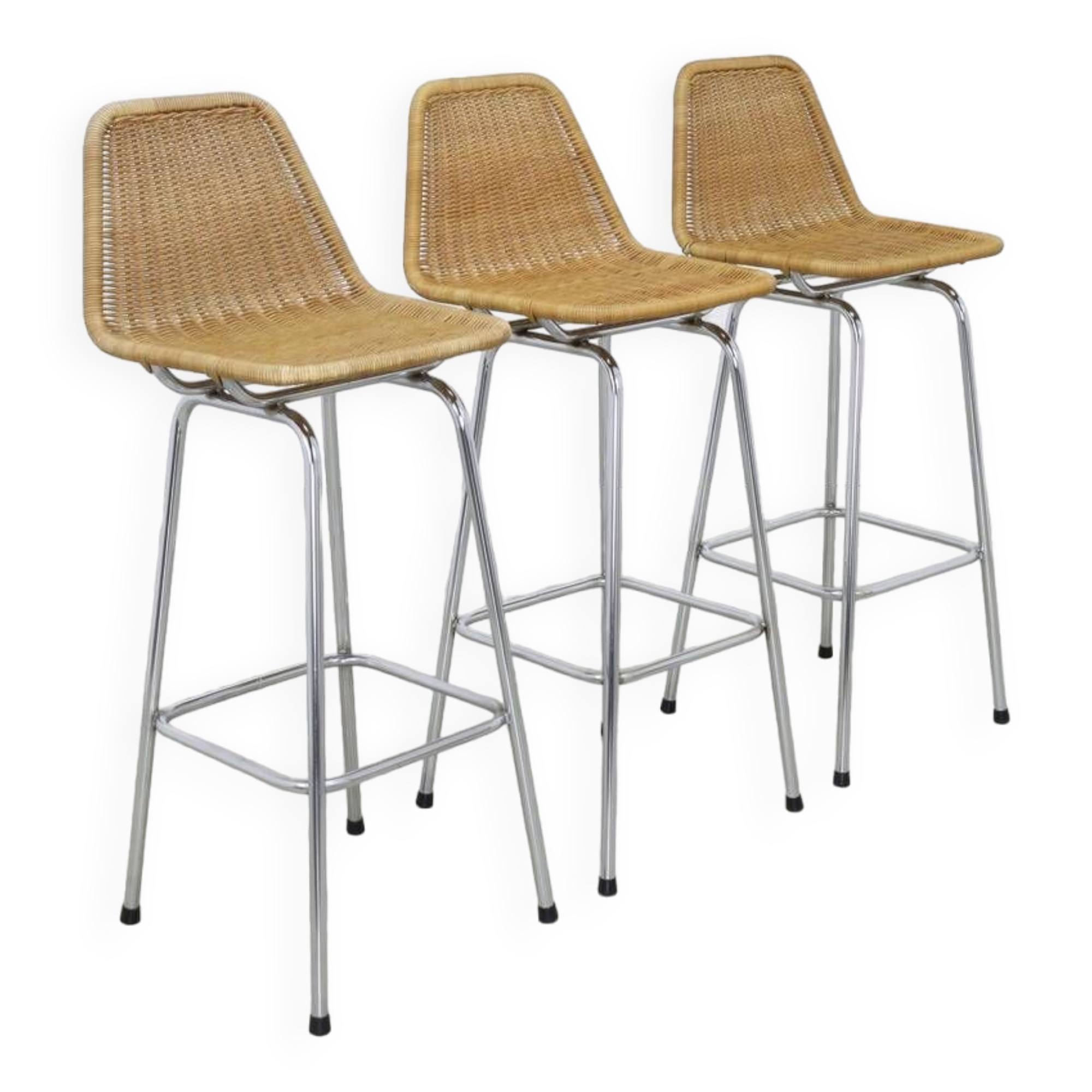 3x bar stool in rattan and chrome by rohé noordwolde, 1960s