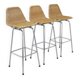 3x bar stool in rattan and chrome by rohé noordwolde, 1960s