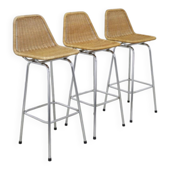 3x tabourets de bar en rotin et chrome par rohé noordwolde, 1960s