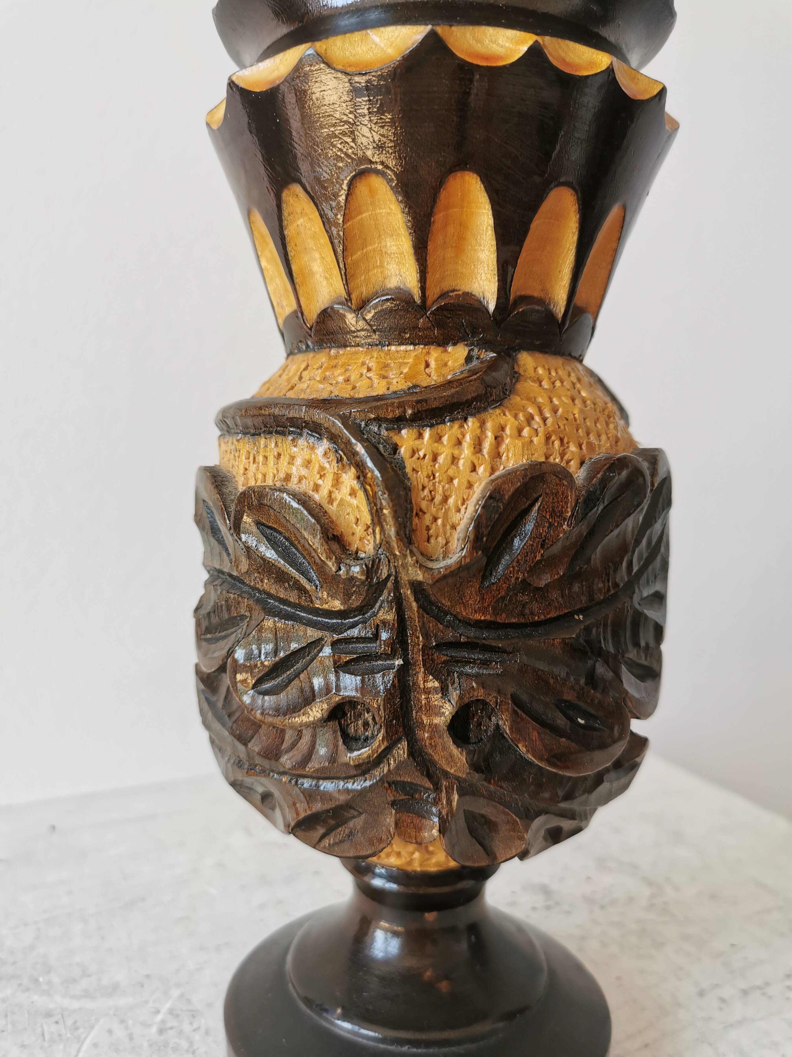 Vintage Hand Carved Wooden Vase: Grapevine Motif, 1970s Yugoslavia