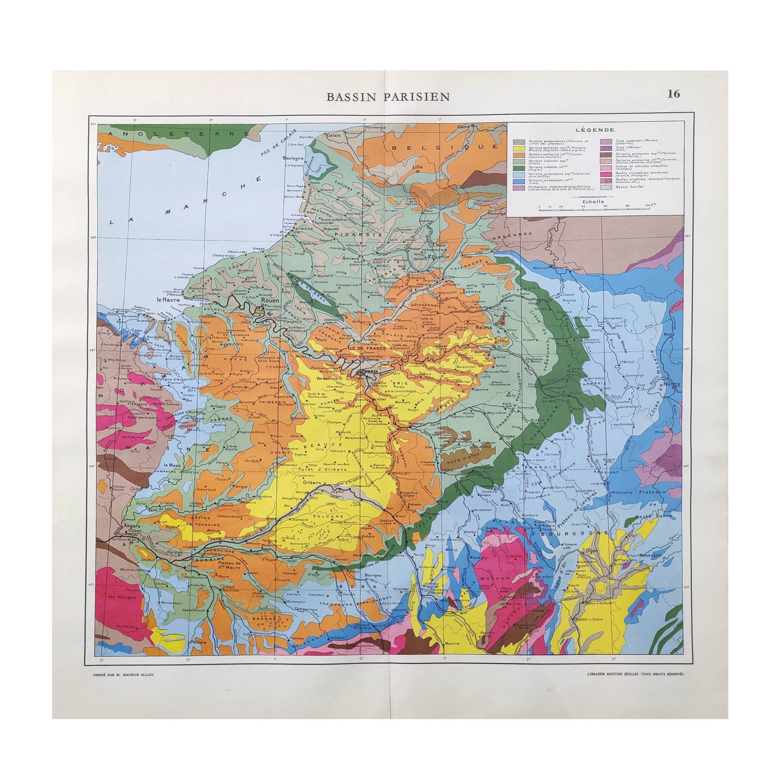 Old map of France Paris basin 43x43cm from 1950