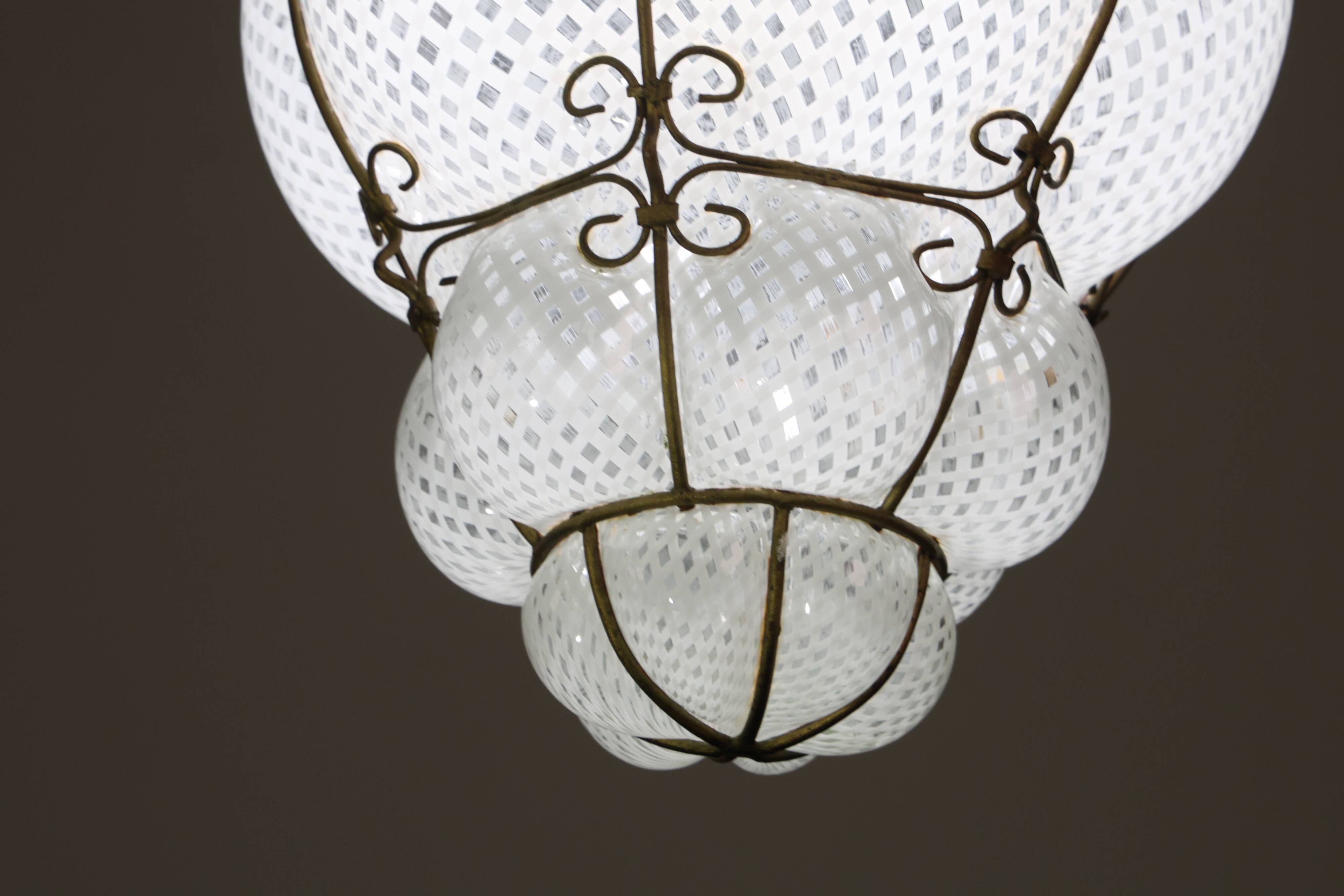 Amazing Large Venetian Lantern in Murano Reticello Glass, 1940s