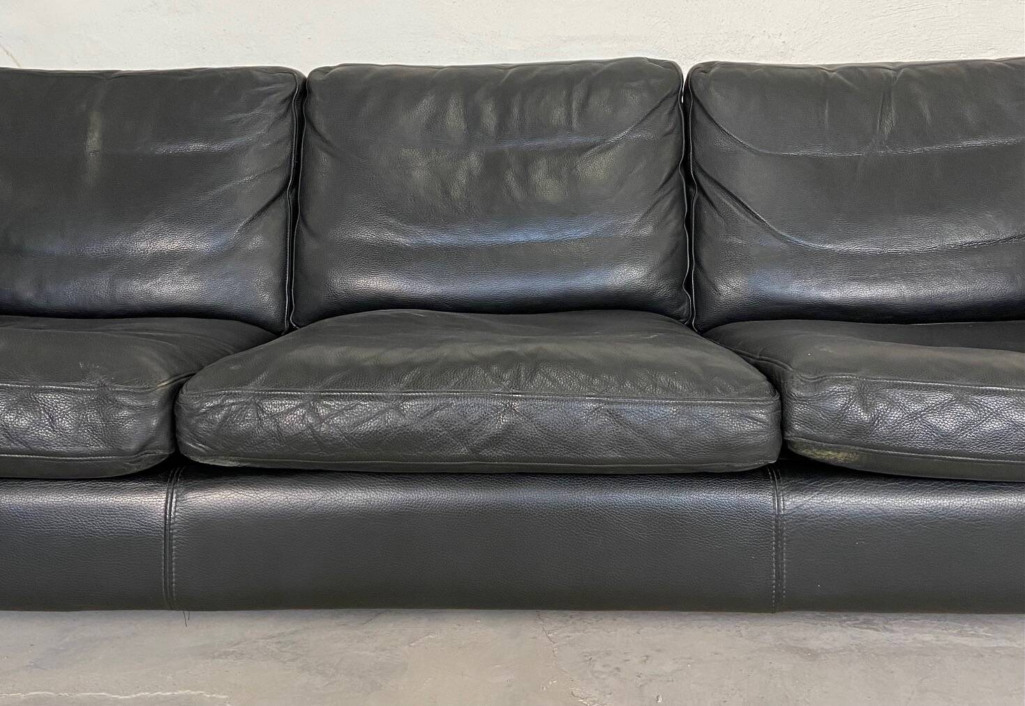 Vintage danish black leather 3 person stouby sofa