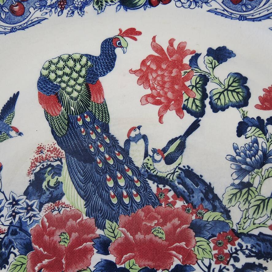 Antique Large Oval Serving Dish - Peacock Decor