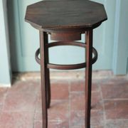 Wooden drawer table or 19th-century work table with a curved wooden stretcher, in the style of Thonet, circa 1900-1920.