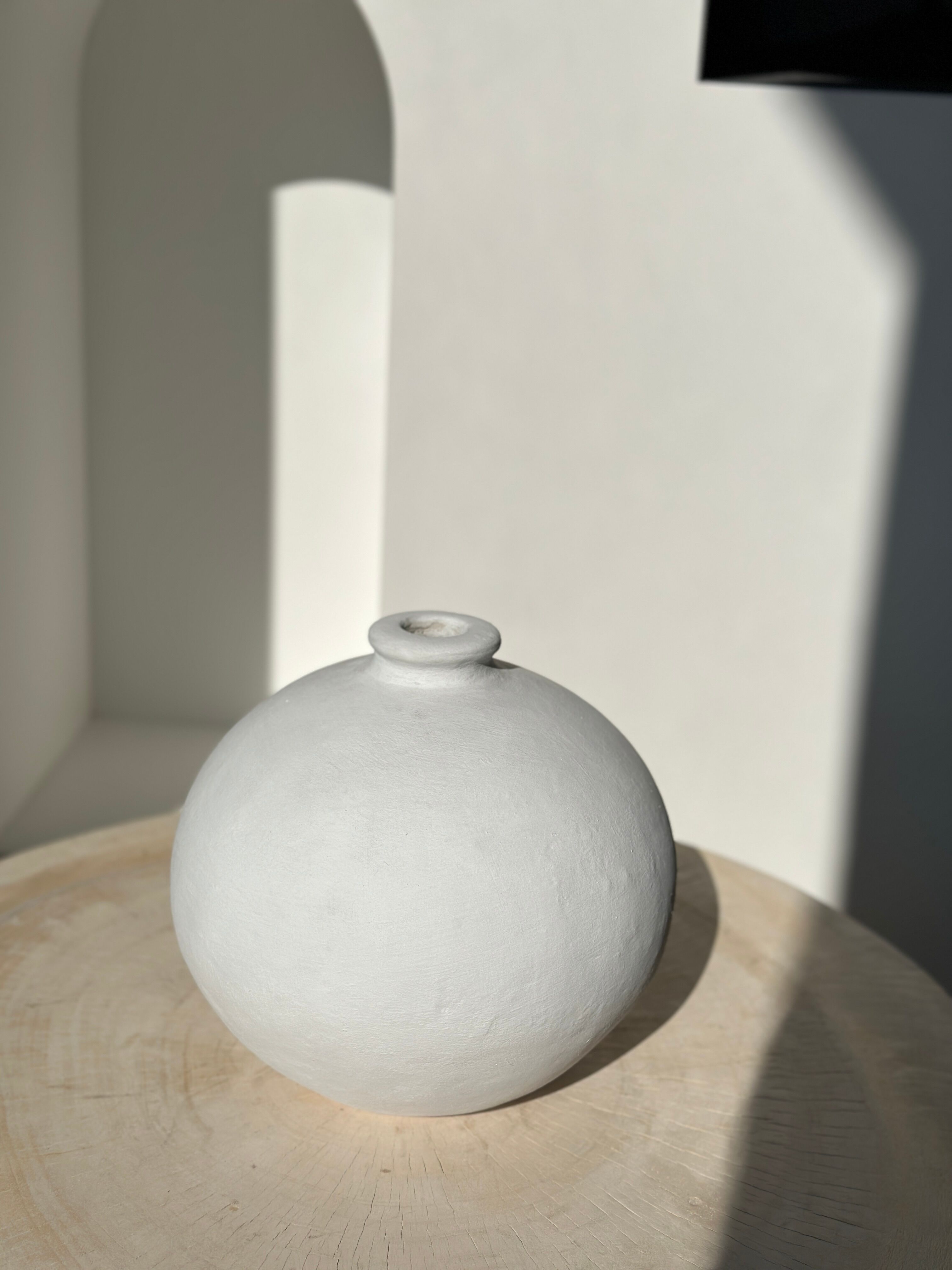 Handcrafted terracotta ball vase painted white H:24 D:26