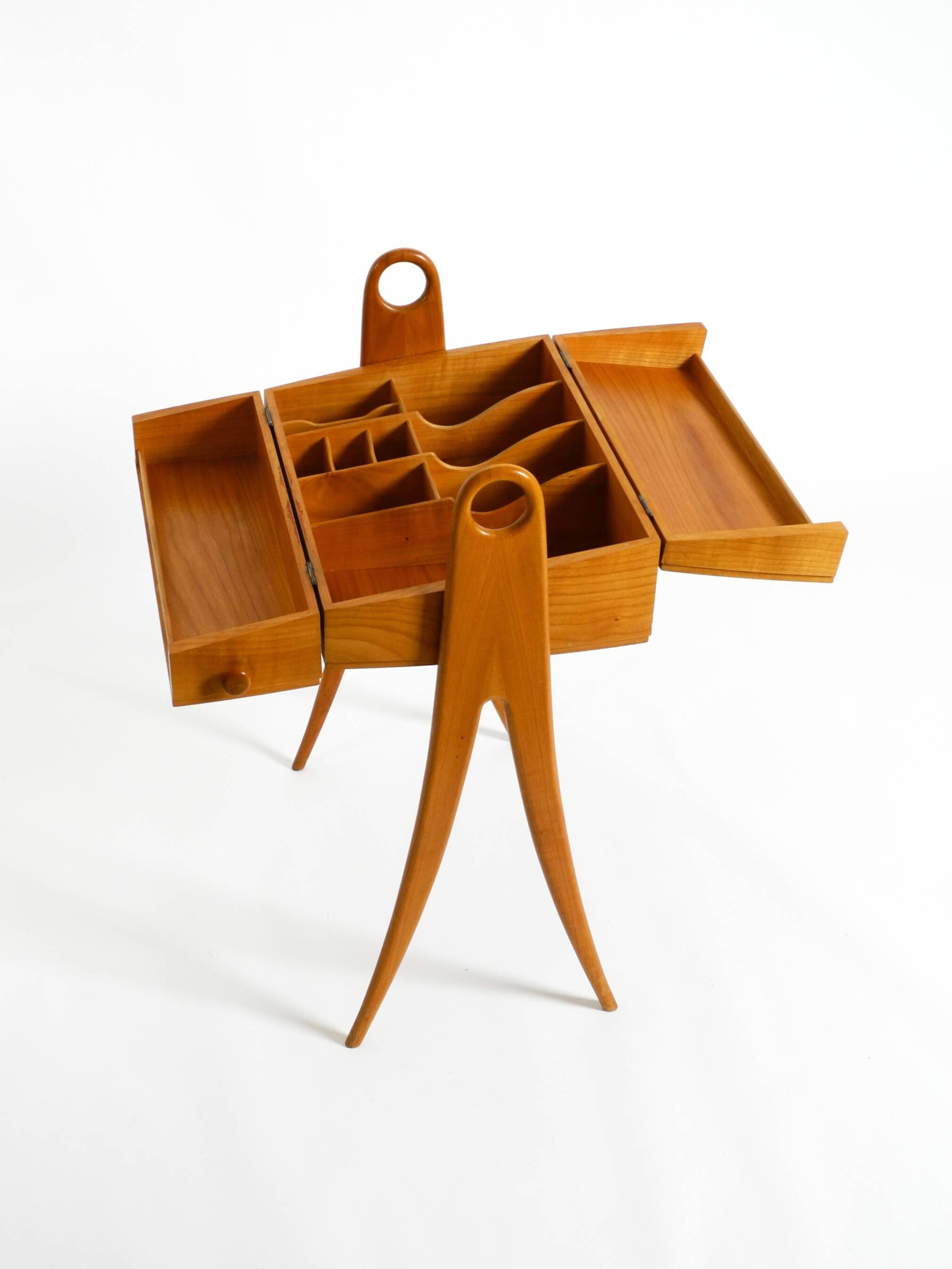 1950s ash wood sewing box, with a hinged top, multiple compartments