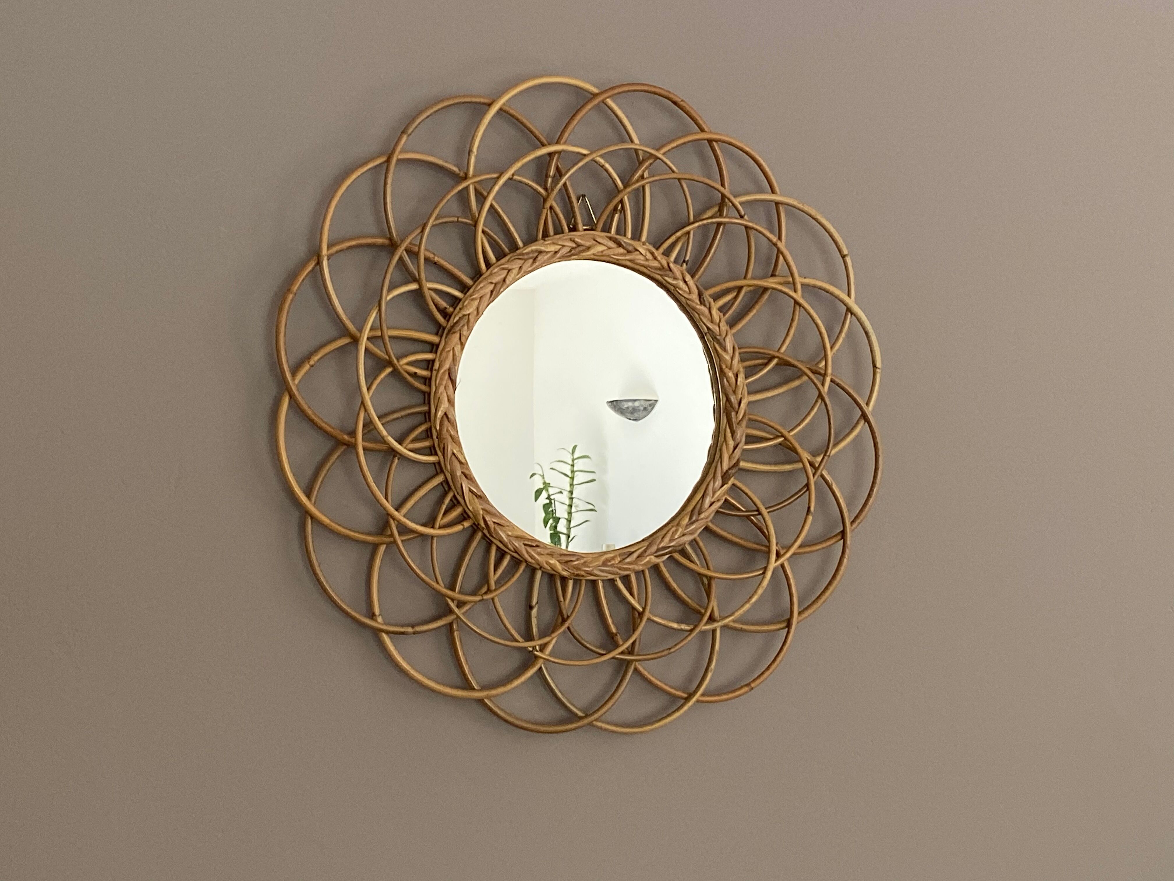 Vintage sun mirror in arched rattan, 55cm, 1960
