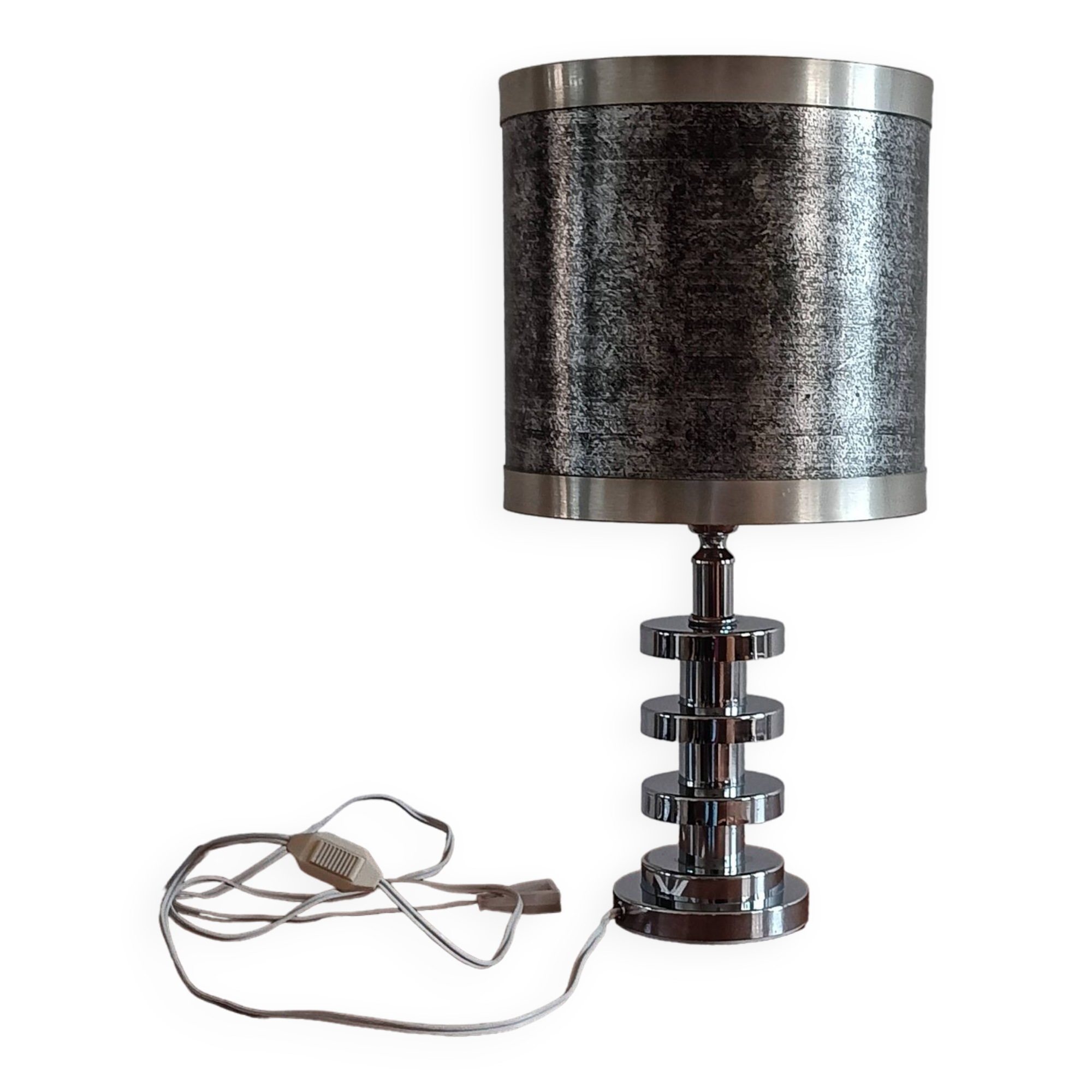 Chromed metal lamp and metallic paper lampshade. 70s