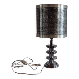 Chromed metal lamp and metallic paper lampshade. 70s