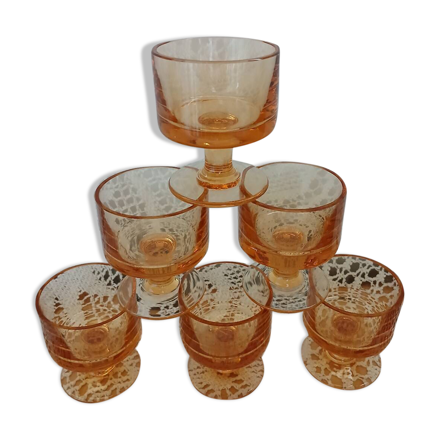 6 small vintage orange glasses