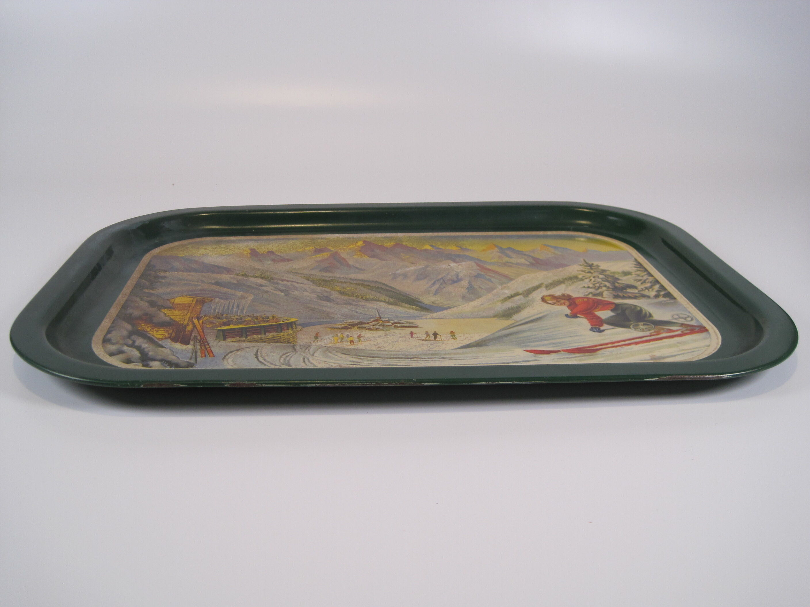 Old vintage service tray in lithographed sheet METAL SKI SNOW WINTER SPORTS