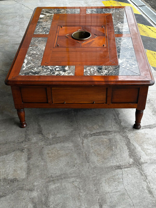 Table basse Robert Tissot en merisier massif, marbre et rafraîchissoir, années 70