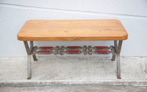 Table basse bois avec structure fer forgé, table d'appoint, bout de canapé, table vintage