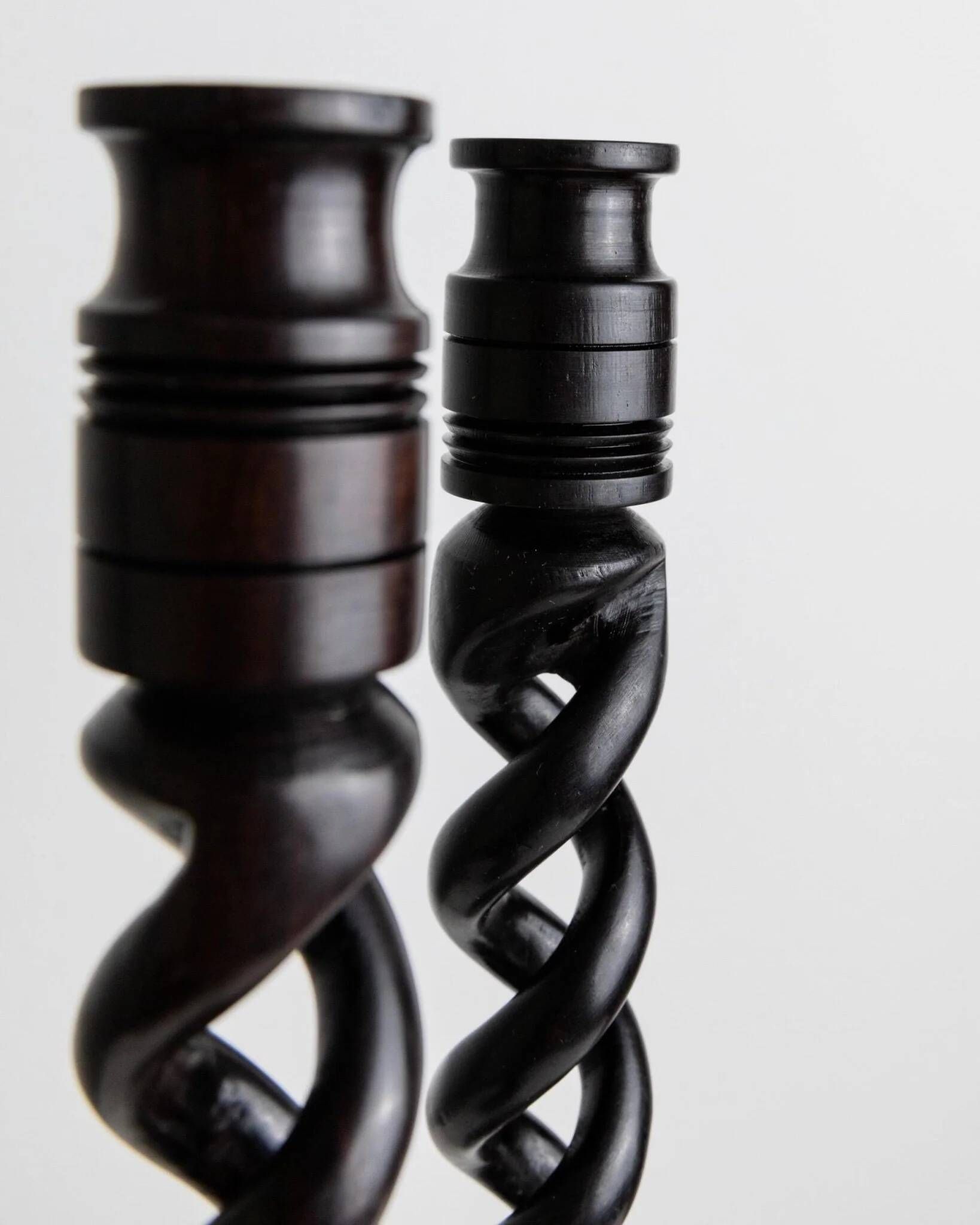 Dark Wood Candle Holders, Vintage 1970s Italy, Barley-Twist Design, Set of 2, Boho Table Decor