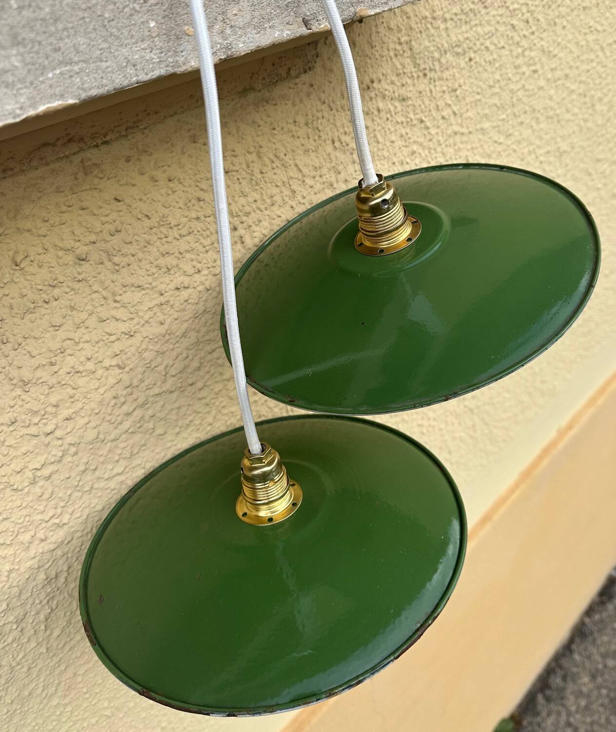 Pair of vintage lampshades, old enamelled sheet metal lampshades