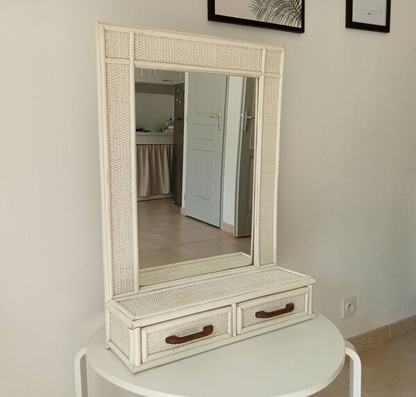 Grand miroir en rotin et canne vintage années 70