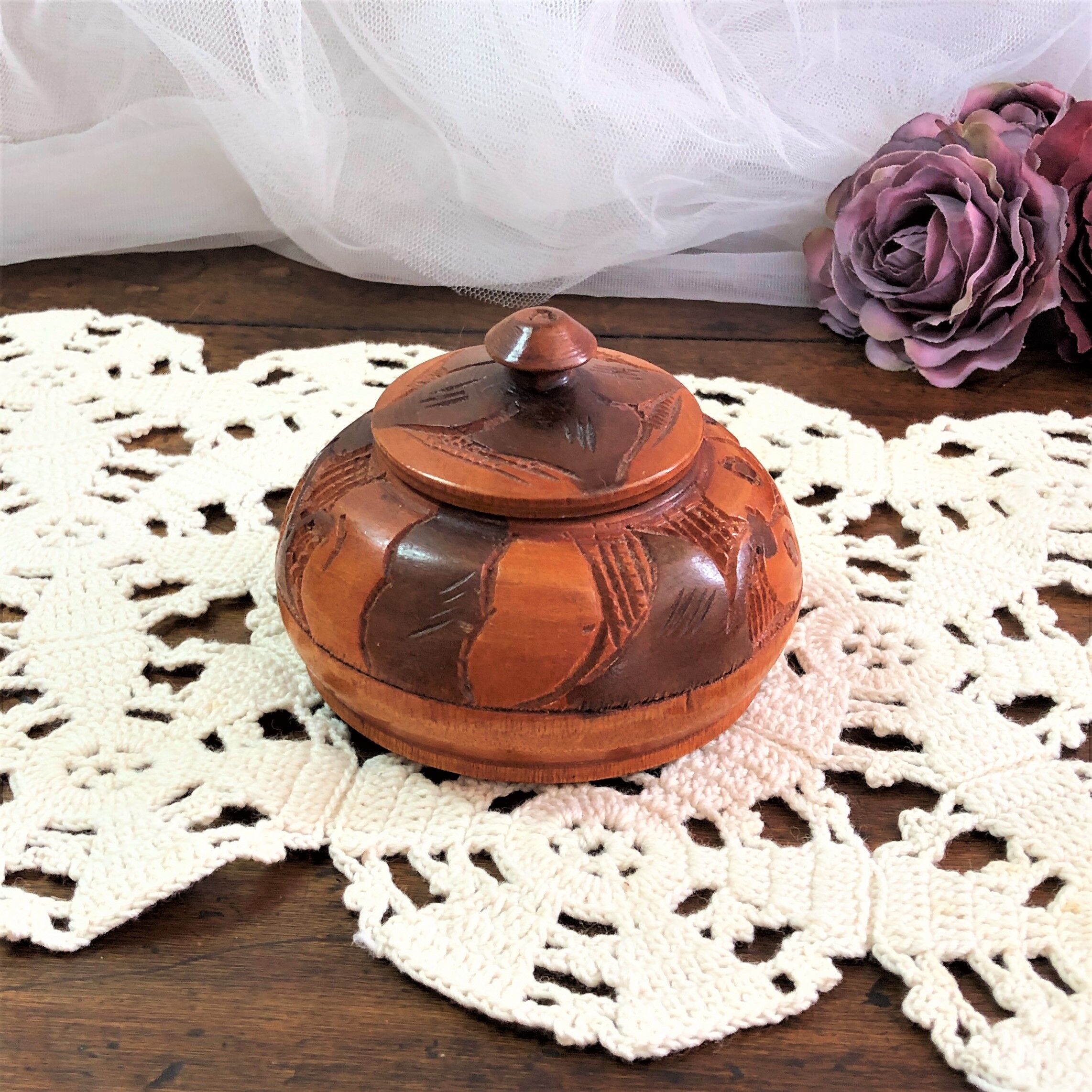Handmade wooden box brown copper polychrome vintage