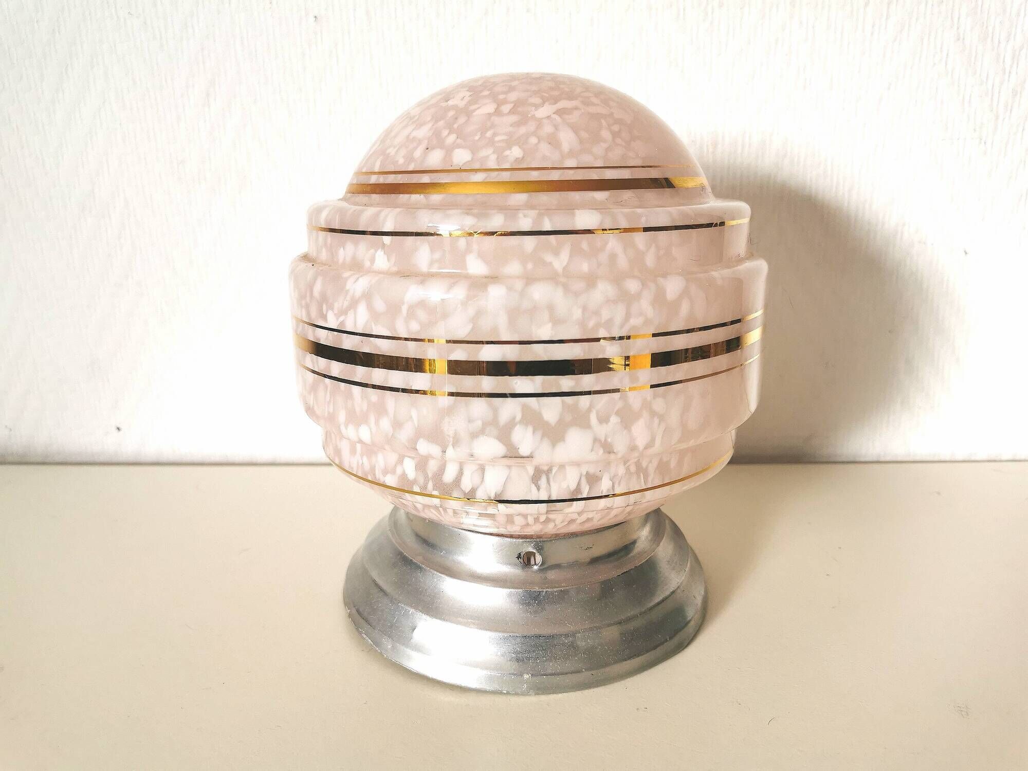 ball pendant light, art deco, in clichy glass, pink and gold, from the 30s