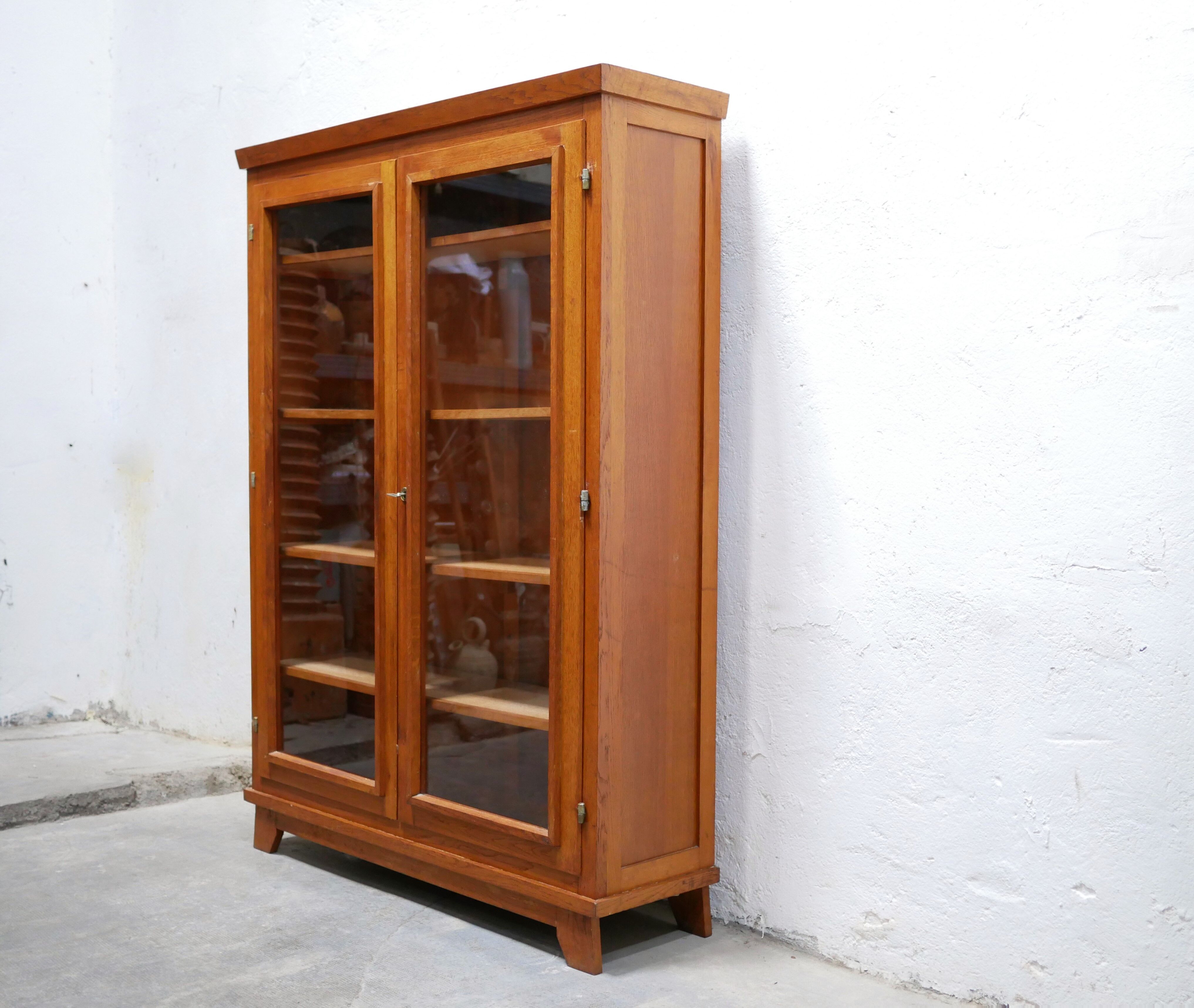Vintage wooden glass bookcase cabinet