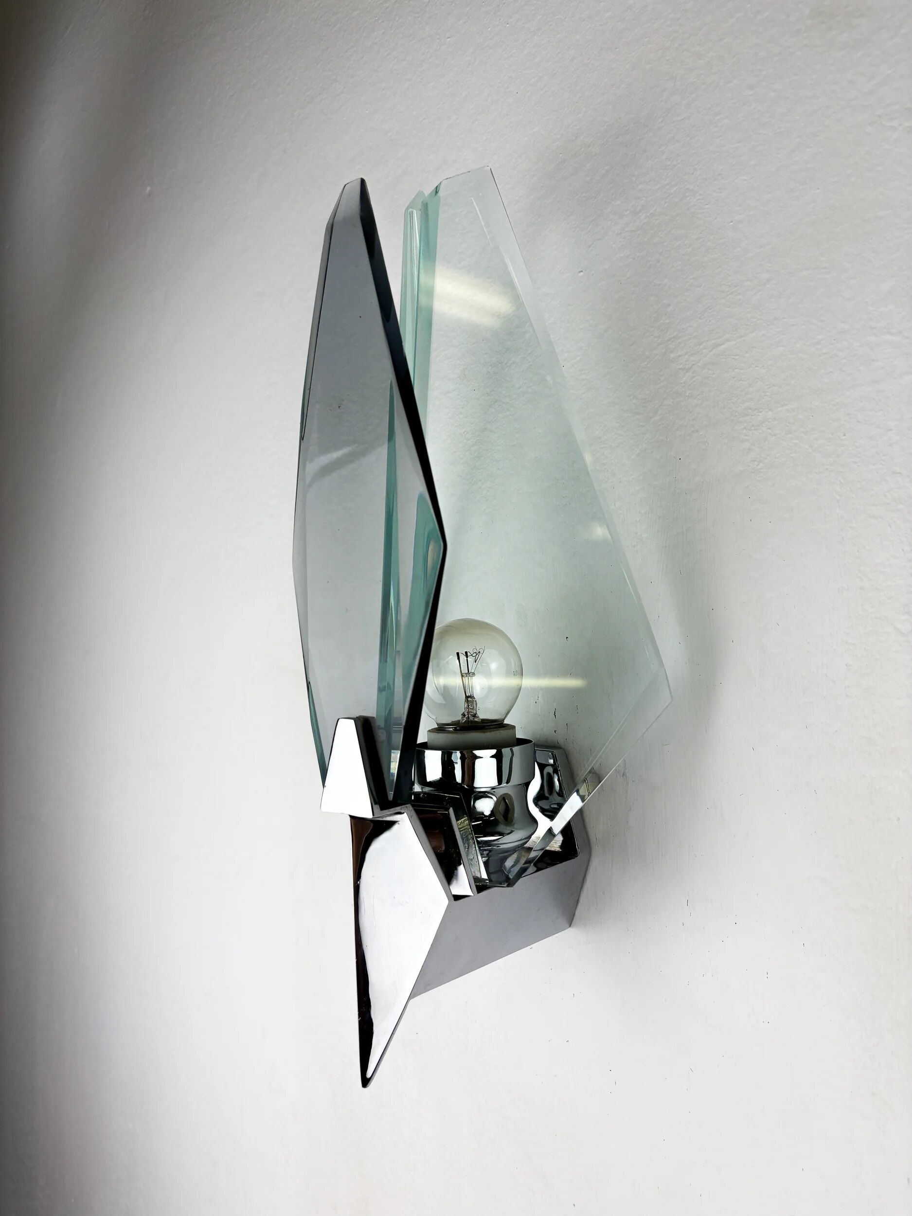 Pair of Veca sconces, Murano blue cut glass & black lucite, Italy, circa 1970s