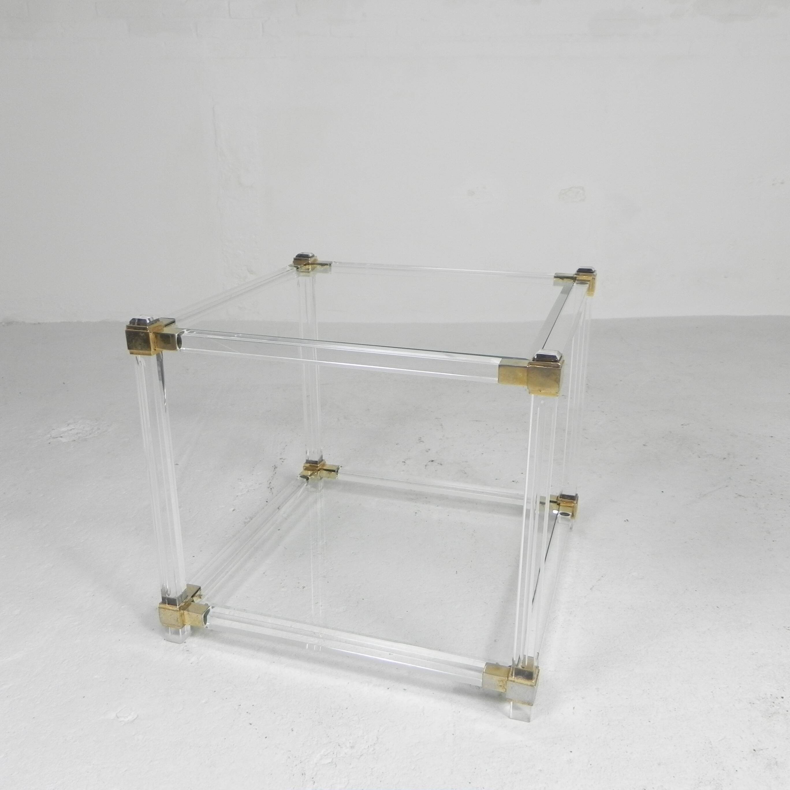 Hollywood Regency coffee table plexiglass, glass, brass, 1970s