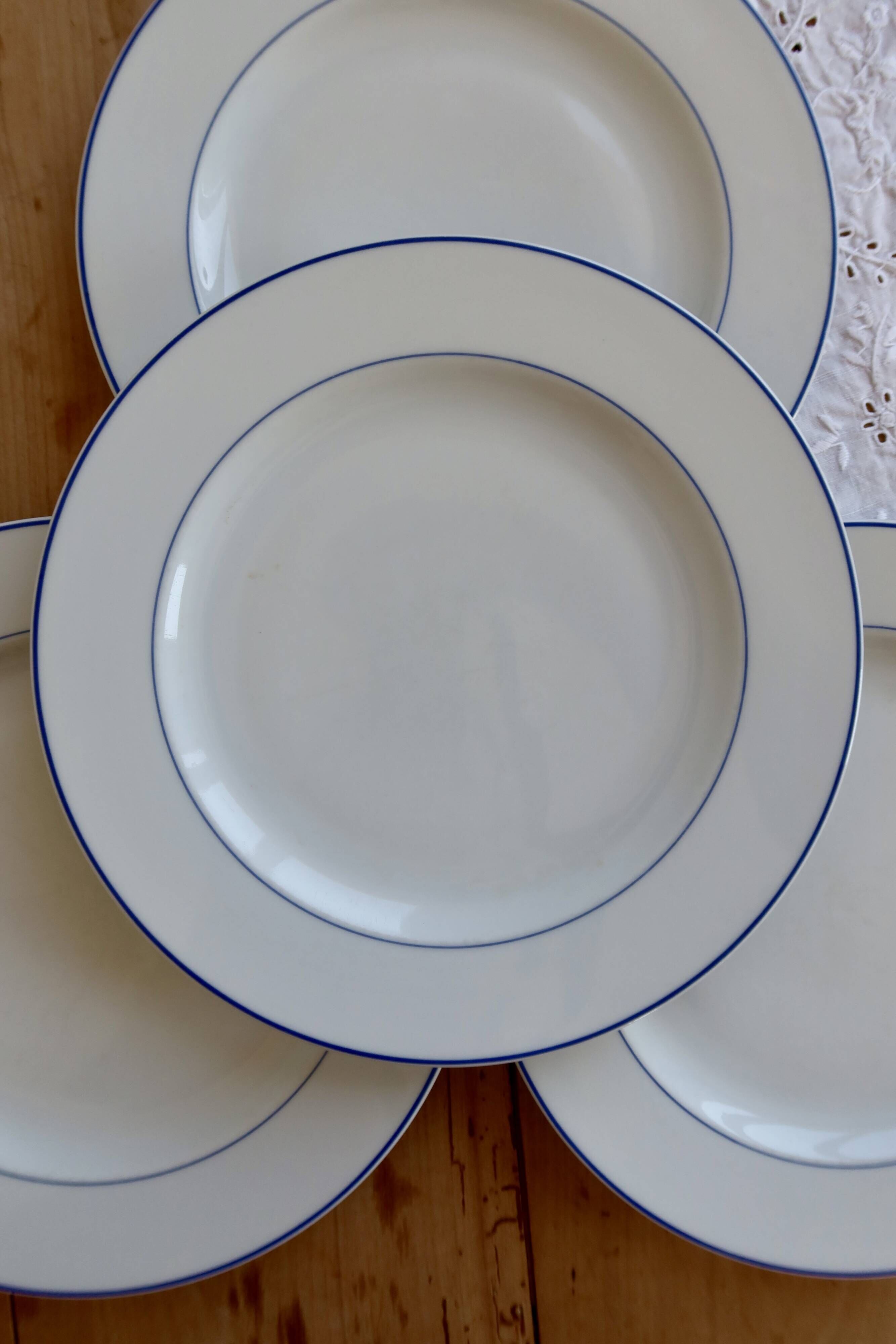 4 vintage porcelain dessert plates - Double blue borders - Bistro style