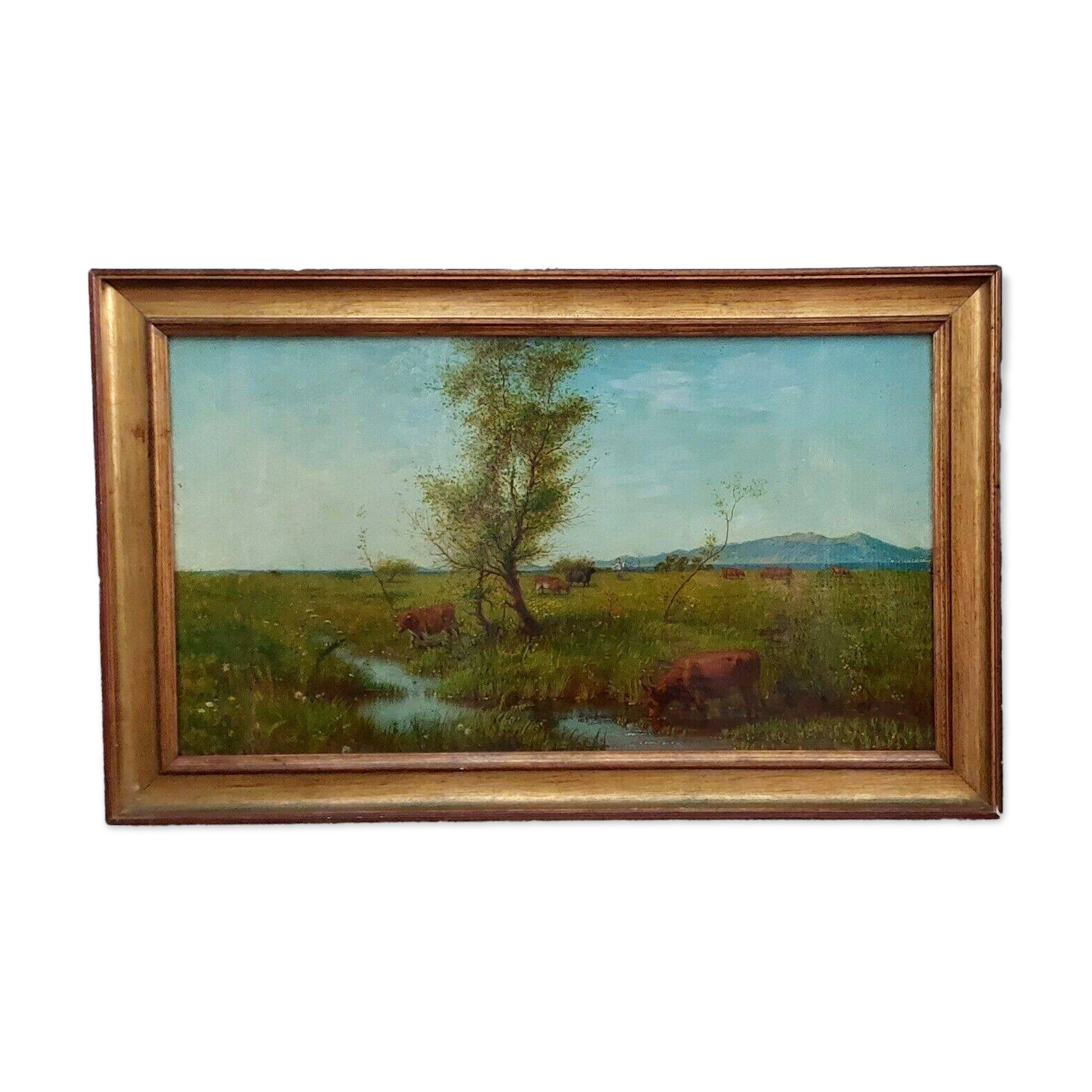 Antique oil painting on panel landscape figures cows - 19th century