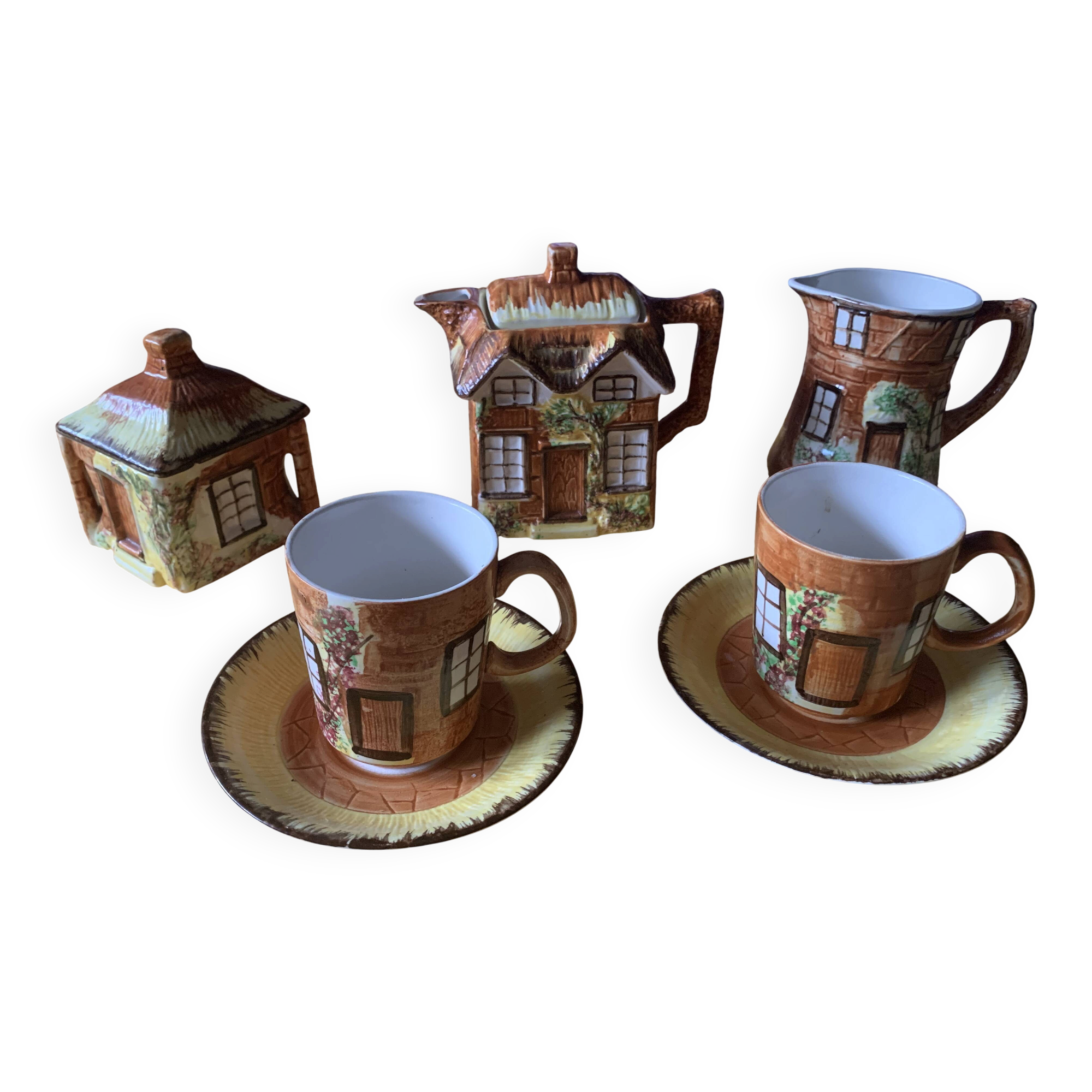 English Cottage tea set. 2 cups, milk jug, sugar bowl, teapot.