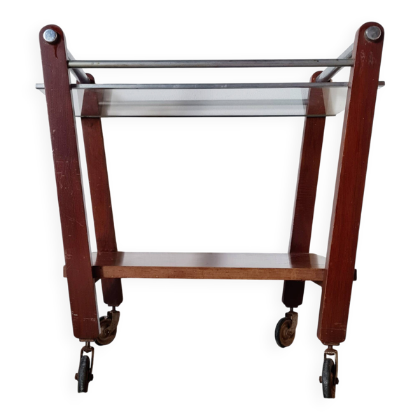 Petite desserte vintage en bois et métal   Chariot roulant rétro