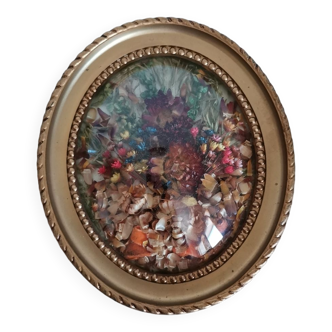 Cadre rond verre bombé vintage fleurs séchées