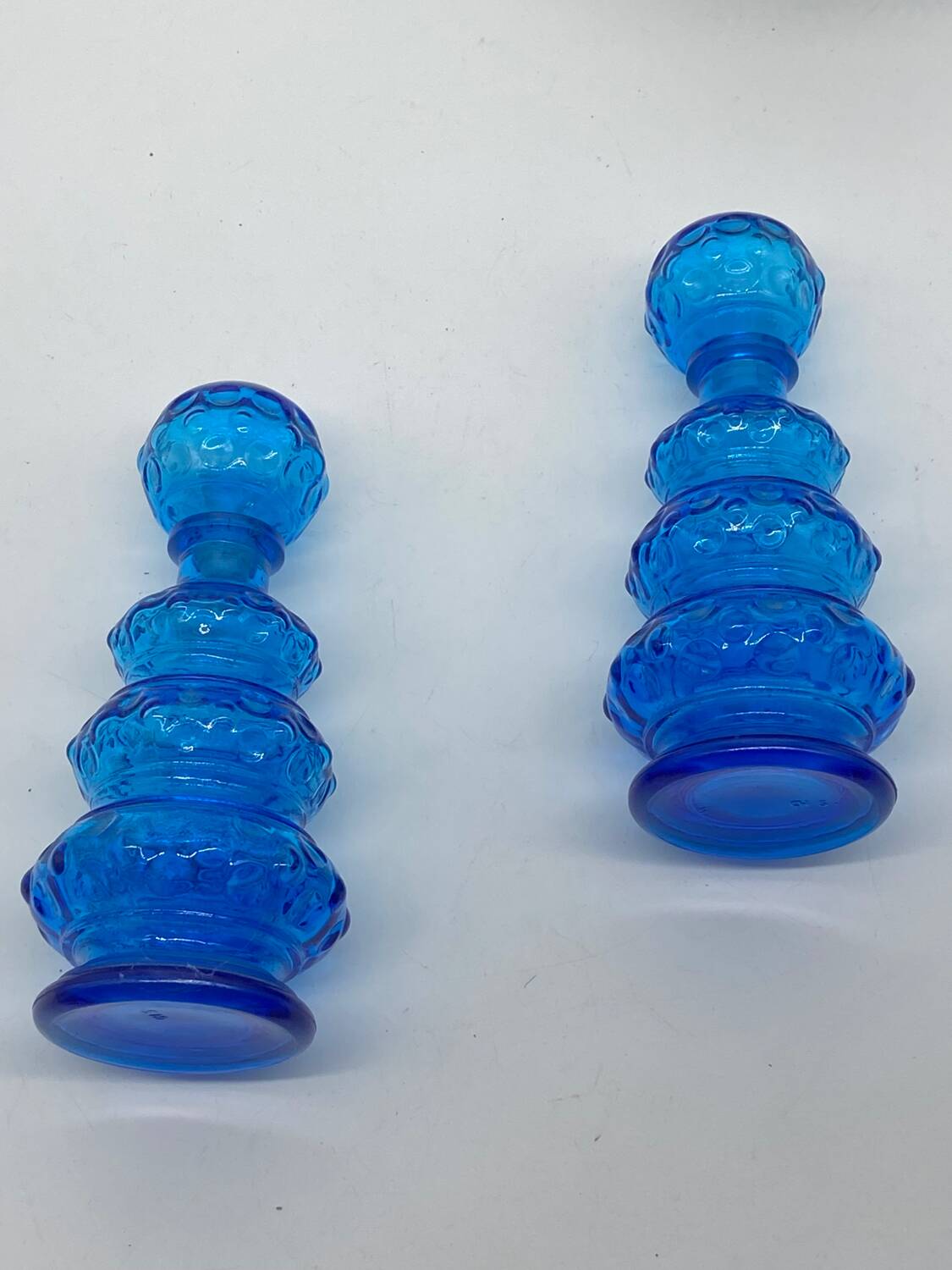 Duo of vintage blue glass bottles / carafe, Empoli, Italy