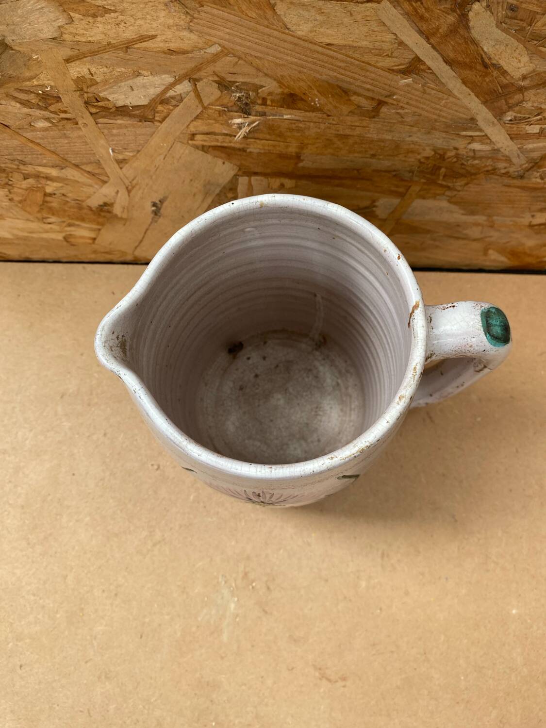 Antique vallauris ceramic pitcher with vintage blue thistle decor