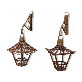 Pair of rattan wall lamps