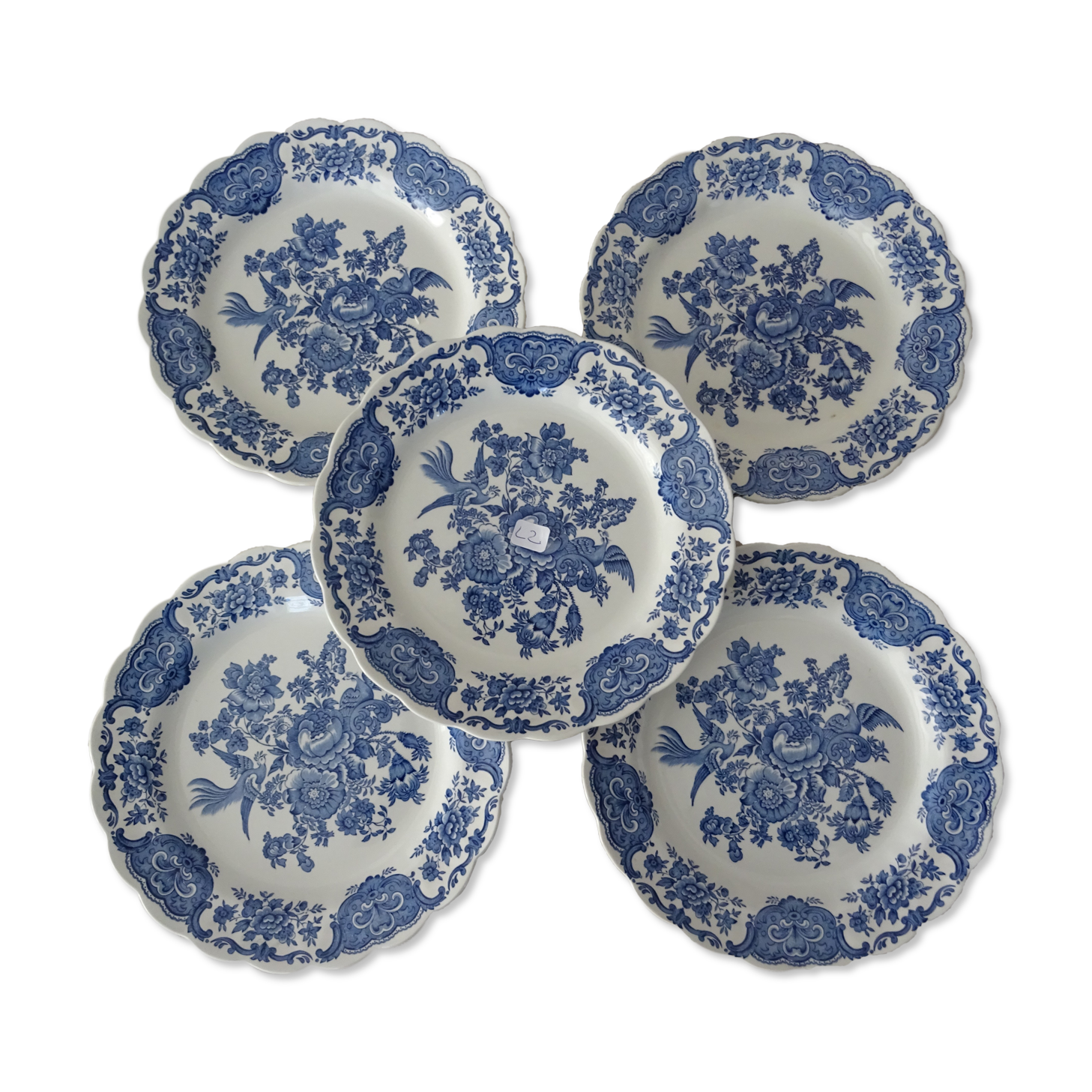 5 flat plates Ridgway Staffordshire Windsor blue bird flower