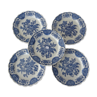 5 flat plates Ridgway Staffordshire Windsor blue bird flower