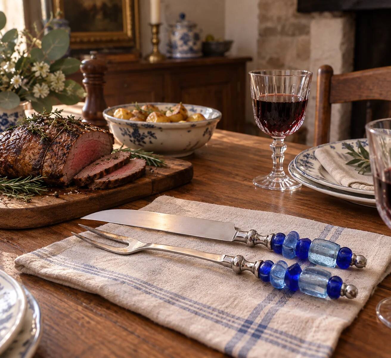 Vintage carving set knife and fork – handles made of blue glass beads