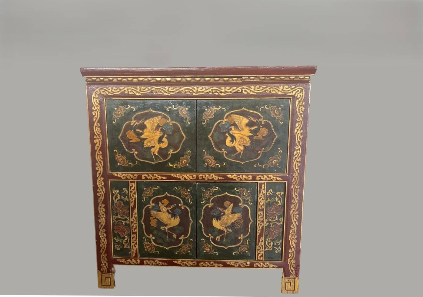 Rare Ancient Tibetan Buffet – Hand-Painted Wood – Floral & Traditional Decor