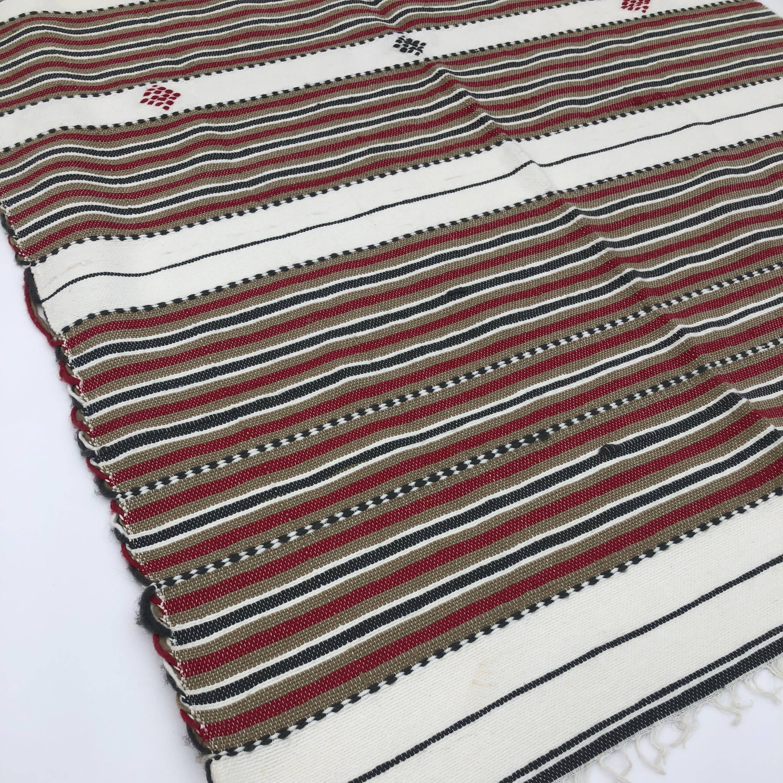 Vintage Handmade Weaved Brown Striped Algerian Rug 1980s Throw Cotton