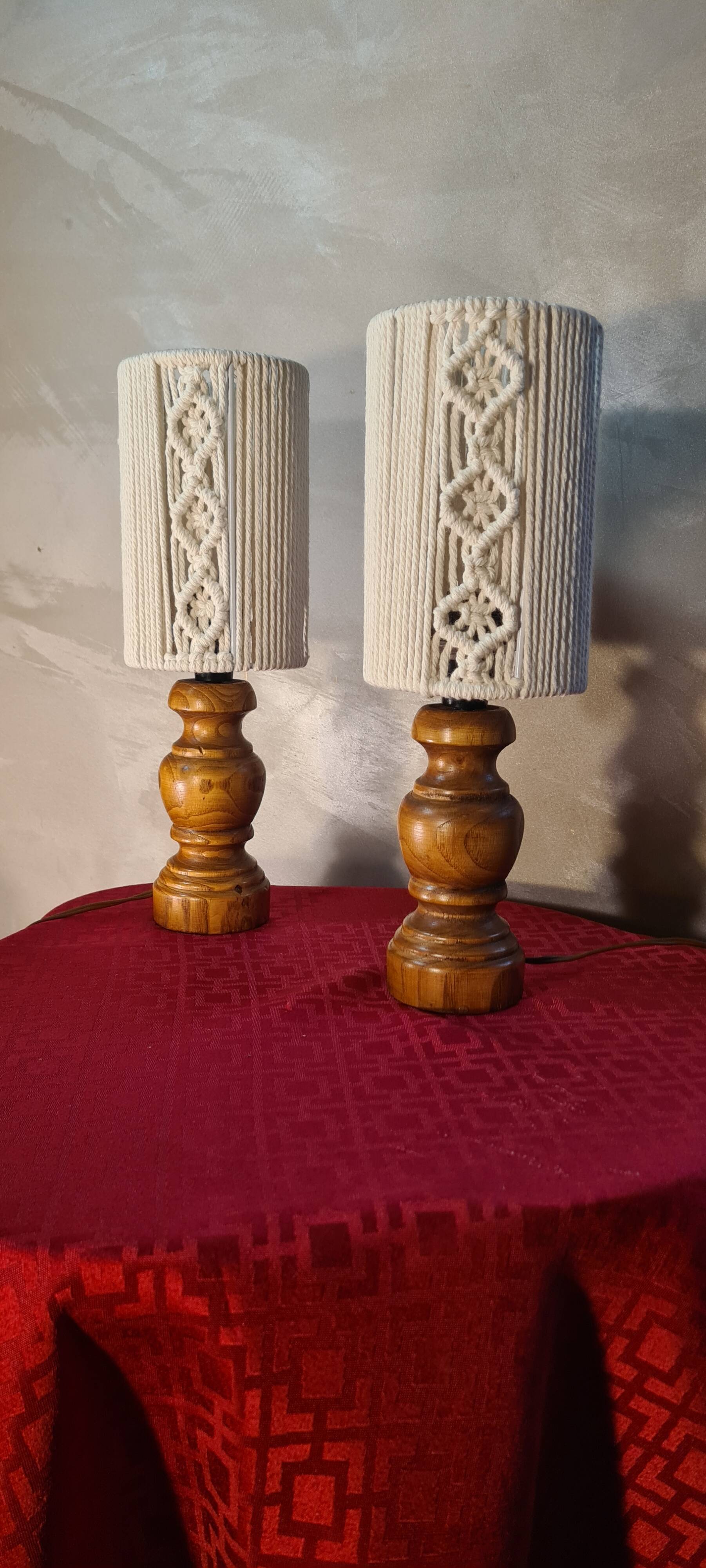 Pair of vintage lamps in woven cotton wood, scandinavian style, 31x11 cm