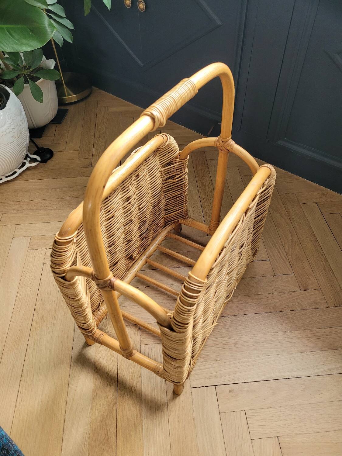 Vintage bamboo and rattan magazine rack