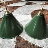 2 enameled sheet metal cone pendants